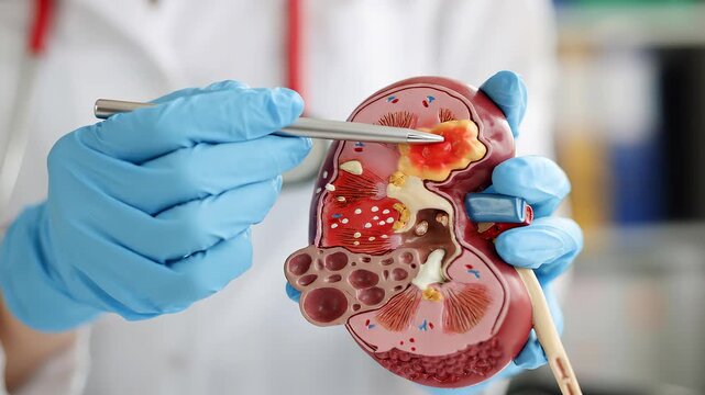 Doctor Holding and Pointing to Anatomical Model of Human Kidney with Pathologies
