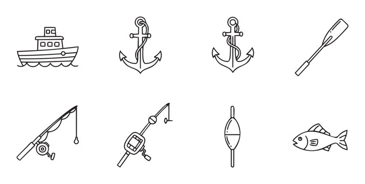 Collection of simple black outline marine and fishing related icons including a boat, anchors, oar, fishing rods, float, and fish, perfect for travel and hobby applications