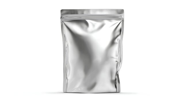  silver shiny plastic aluminum foil bag isolated on white transparent backround mockup for ad advertisement blank