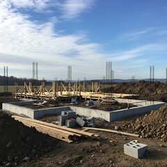 Construction site shows the beginning of building a residential structure