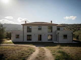 Elegant rural villa with tiled roof set against rolling, lush hills backdrop
