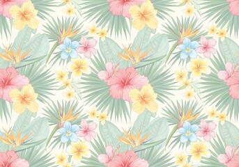 Exotic floral pattern featuring hibiscus, plumeria and bird of paradise