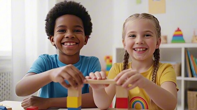 African American boy and Caucasian girl building a colorful wooden block tower at home, diversity in play, creative childhood.