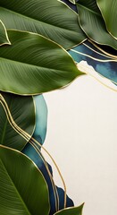 Luxurious botanical display, green leaves with golden accents and watercolor