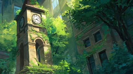 overgrown clock tower in a sunlit forgotten city