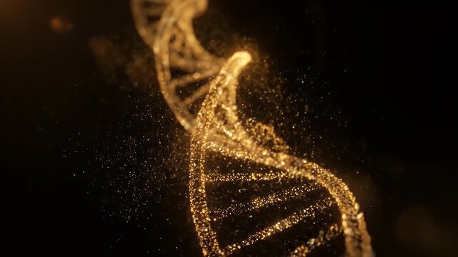 Abstract Golden DNA Helix Structure with Sparkling Particles on Black Background.