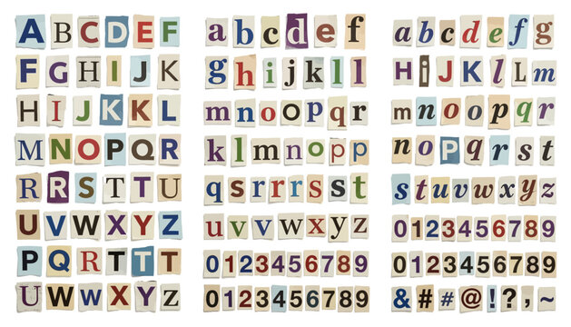 Collection of cut out newspaper letters numbers and punctuation symbols in various colors and fonts alphabet cutouts typography colorful vintage uppercase lowercase text characters