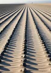 Serene sandscape with rows of stones creating captivating linearity