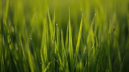 Obraz premium shallow. Lush green spring grass field bathed in morning sunlight, evoking freshness. travel magazines, destination branding, designed for travel destination branding, used by project managers.