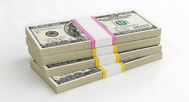 Neatly stacked bundles of US hundred dollar bills, secured with colorful bands, representing financial prosperity, investment, and economic abundance on a white background