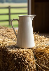 Vintage pitcher resting gently on rustic hay bale in a serene countryside