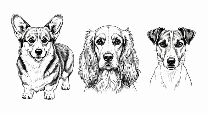 Ilustraciones monocrom&aacute;ticas de perros de raza Corgi, Cocker Spaniel y Jack Russell Terrier, dibujados a mano con detalle.