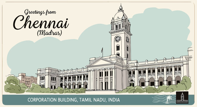 Ilustraci&oacute;n vectorial vintage del hist&oacute;rico Edificio Corporaci&oacute;n Ripon en Chennai, India, con un estilo de tarjeta postal.