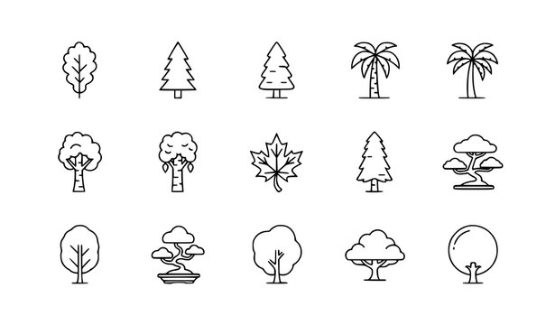 Tree Line Icon Set Forest and Garden Outline Vector Collection