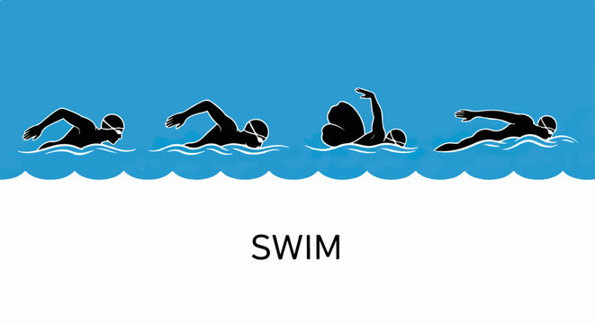 Ilustraci&oacute;n vectorial de siluetas de nadadores en diferentes fases de la nataci&oacute;n, mostrando movimiento y t&eacute;cnica en agua azul.