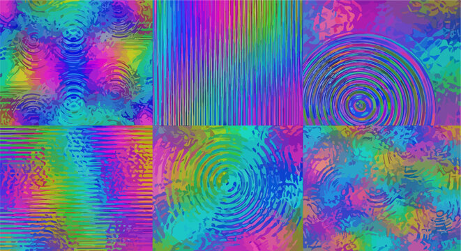 Colecci&oacute;n de fondos abstractos vibrantes con patrones iridiscentes, ondas y l&iacute;neas, ideal para dise&ntilde;o digital y proyectos creativos.