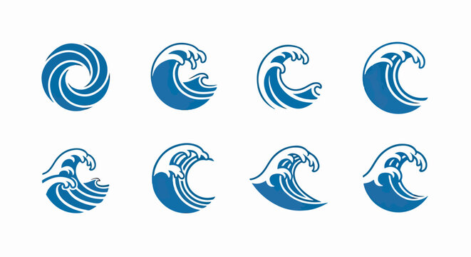 Conjunto de ocho iconos de olas marinas azules estilizadas, representando movimiento acu&aacute;tico y energ&iacute;a oce&aacute;nica en dise&ntilde;o gr&aacute;fico.