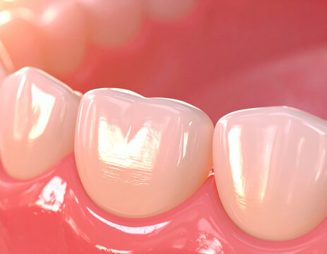 Close-up view of healthy human teeth and gums, showcasing enamel and pink gingival tissue