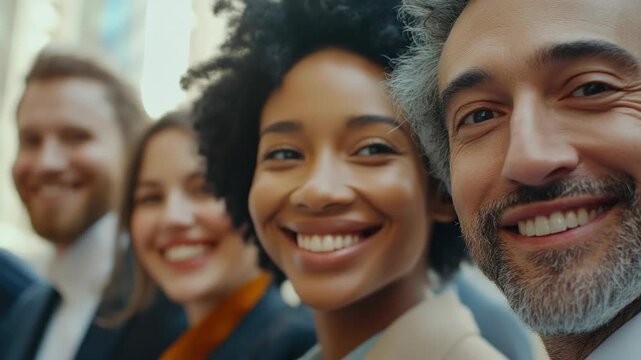 A group of diverse professionals with smiles for a corporate video.