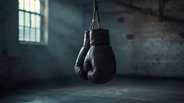 Vintage boxing gloves hanging in dark gym with sunlight