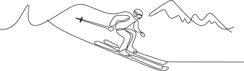 Fototapeta premium One continuous single drawing line art flat doodle ski, winter, mountain, season, resort, sport. one line art icon drawing vector