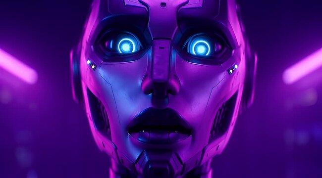 Futuristic Female Robot Face With Neon Lights, Close-up of a futuristic humanoid robot with glowing blue eyes illuminated by purple neon lights, representing artificial intelligence and advanced techn