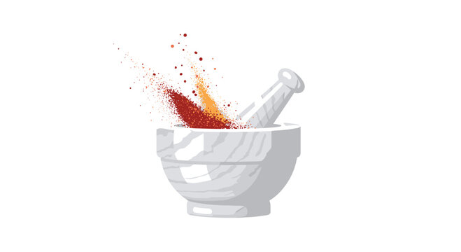 An dynamic illustration showing a classic mortar and pestle actively crushing vibrant red and orange spices, with dust particles dramatically rising.