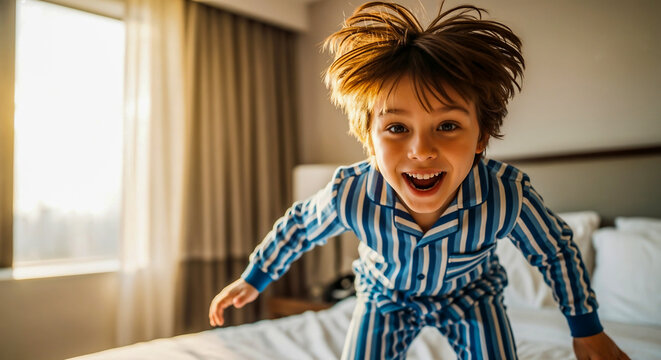 Boy jumping on hotel bed in pajamas symbolizing freedom