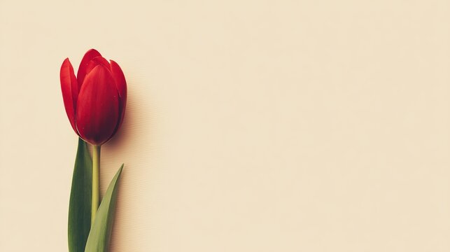 Single red tulip on beige background in a minimalist flat lay composition.