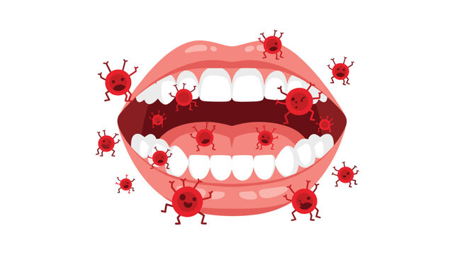 A cartoon illustration shows an open mouth with visible teeth and gums, surrounded by numerous red virus-like bacteria characters.