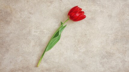 Single red tulip on beige background in a minimalist flat lay composition.