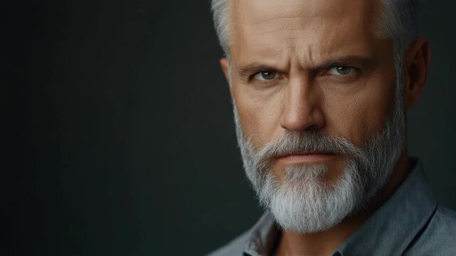 Serious looking man with beard and mustache against neutral background.