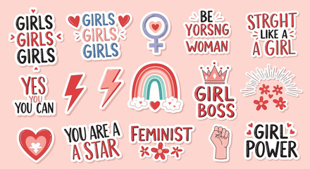 Feminist Girl Power Sticker Set with Inspirational Quotes and Cute Pink Illustrations