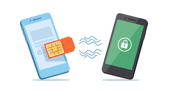 Secure Data Transfer Between Two Mobile Phones via SIM Card. Vector Illustrations. EPS Editable