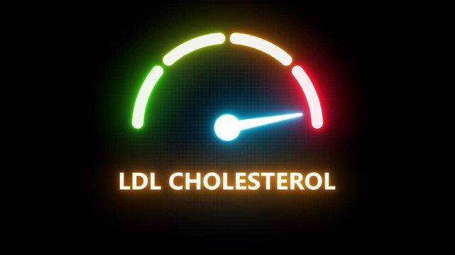 Animated LDL (bad cholesterol) / Low density lipoprotein level meter moving from high level to normal level for concepts heart health, cholesterol management and medical monitoring