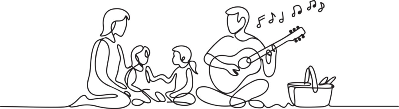 A family is having a picnic, playing music in one continuous line. one line art icon drawing vector