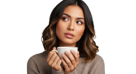 A young woman holding a cup of coffee and looking surprised on transparent background