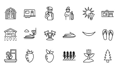 Thin Line Travel and Nature Icon Set with Barn Trailer Tourist and Beach Elements © Shukimon