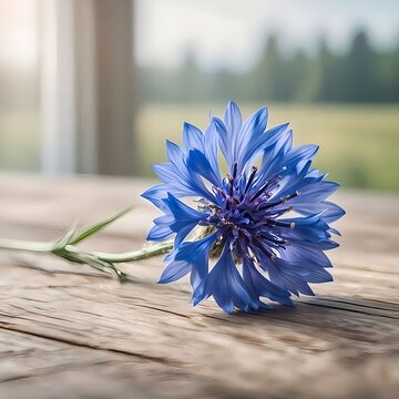 Blue Cornflower on Rustic Wooden Table