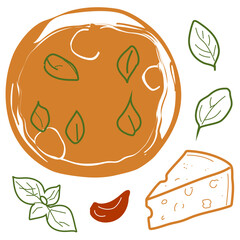 Pizza Slice with Basil and Cheese Hand Drawn Line Art