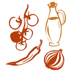Hand Drawn Tomato, Chili, Garlic and Olive Oil Line Art Set