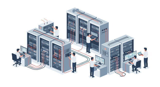 An isometric view depicts several people working in a modern data center, interacting with numerous server racks, computers, and complex wiring.