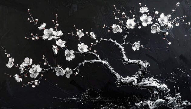 銀色墨絵 梅の木 黒背景和風高級アート