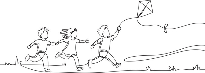Happy healthy children with kite run together outdoor. Friends together have fun. one line art icon drawing vector