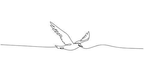 A continuous single line drawing of a bird flying above clean air, line art style illustration.