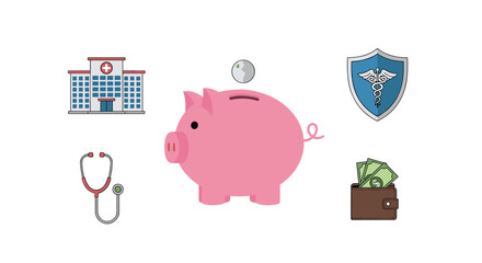 A pink piggy bank, a hospital, a stethoscope, a medical shield, and a wallet with money are depicted on a white background.