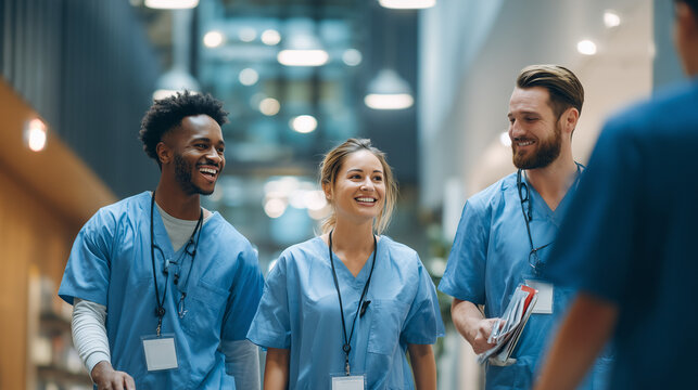 Diverse healthcare team in scrubs walking and talking in hospital corridor