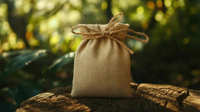 Seed packets in a burlap bag, tied with string and sitting on a natural surface.