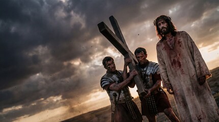 Dramatic Dutch angle of Jesus and soldiers lifting cross copy space