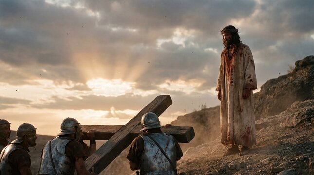 Low angle view of Jesus and Roman soldiers lifting cross copy space 
